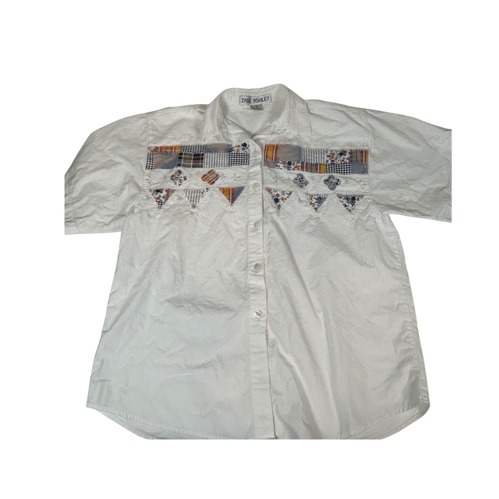 Vintage Grandmacore Button Up Shirt Women's Medium White Patchwork Embroidered
